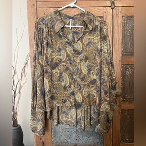 Free People Paisley Button-Down Blouse in Brown and Blue